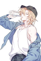  1boy alternate_costume arm_up baseball_cap black_hat blue_eyes blue_jacket bottle commentary cowboy_shot drinking grey_pantyhose hat highres holding holding_bottle jacket jewelry korean_commentary long_sleeves looking_at_viewer mole mole_under_eye necklace noah_(plave) open_clothes open_jacket pantyhose parted_lips plave rjduf666 simple_background solo sweat tank_top water_bottle white_background white_tank_top 