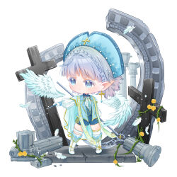  1girl absurdres apron beads blue_eyes blue_hat blue_shirt blue_shorts blue_vest boots braid cape chibi collared_vest colored_eyelashes cross cross_earrings crown_braid earrings elf expressionless feathers flower gloves gold_earrings grey_hair happy hat highres holding holding_wand jewelry knee_boots lapels light_particles long_sleeves looking_to_the_side nikki_(series) notched_lapels open_clothes open_vest pillar pointy_ears puffy_long_sleeves puffy_sleeves rose ruins shenqi_tuoxie_zai_nali shining_nikki shirt short_hair shorts simple_background single_thighhigh solo standing stole stylist_(nikki) tareme thigh-highs thigh_strap thorns vest wand white_apron white_background white_boots white_cape white_gloves white_shirt white_thighhighs yellow_flower yellow_rose 