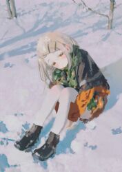  1girl black_boots black_dress blonde_hair blush boots chi_(luckyeric320) closed_mouth colored_eyelashes dress ear_blush flipped_hair from_above full_body gakuen_idolmaster green_scarf hair_ornament hairclip head_tilt highres hugging_own_legs idolmaster knees_up long_hair looking_at_viewer on_ground orange_dress orange_eyes outdoors pantyhose parallel_hairclips prototype_design scarf shinosawa_hiro sitting smile snow snowing solo split_mouth two-tone_dress white_pantyhose winter 