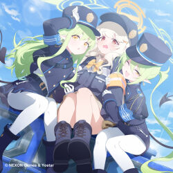  3girls ;d aoba_(blue_archive) arm_hug arm_up armband belt black_belt black_tail blue_archive blue_armband blue_boots blue_hat blue_jacket blue_shorts blue_skirt boots bow bowtie brown_gloves collared_shirt commentary demon_girl demon_tail earrings fang gloves green_hair green_halo grey_shirt grey_skirt hair_ornament hairclip halo hat highres hikari_(blue_archive) jacket jell_(jell_y_fish) jewelry knee_boots long_hair long_sleeves looking_at_viewer miniskirt multiple_girls nozomi_(blue_archive) one_eye_closed open_mouth pantyhose pantyhose_under_shorts peaked_cap pleated_skirt pointy_ears red_eyes shirt short_shorts shorts skin_fang skirt smile sweat symbol-only_commentary tail twintails very_long_hair white_gloves white_hair white_pantyhose yellow_armband yellow_bow yellow_bowtie yellow_eyes yellow_halo 