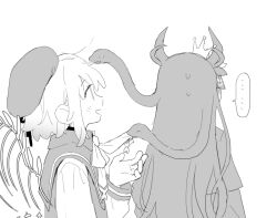  ... 2girls beret chinese_commentary commentary_request d.y.x. gradient_hair greyscale hat horns long_hair long_sleeves looking_at_another mahou_shoujo_no_majo_saiban monochrome multicolored_hair multiple_girls neck_ribbon nikaido_hiro open_mouth profile ribbon sakuraba_ema short_hair simple_background skeletal_wings smile snake_hair spoilers spoken_ellipsis upper_body white_background wings witch_(manosaba) 