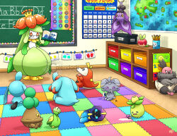  1girl alphabet apple applin artist_name basket bespectacled bonsly book bottle box budew calendar_(object) chalkboard classroom closed_eyes closed_mouth commentary cosmog drink_carton eating_non-food english_commentary english_text eraser espurr food fruit fuecoco full_body glasses glue highres hoenn_map holding holding_book hop_on_pop indoors lilligant lying map_(object) milk_bottle milk_carton moomoo_milk noibat o_o olive on_side open_book open_mouth pencil phanpy pokemon pokemon_(creature) pokemon_focus popplio poster_(object) september shelf signature sitting sleeping smile smiley_face smoliv spill spilled_milk sun_symbol teacher tearing_up thecalendork upside-down vullaby watermark wavy_mouth wynaut 