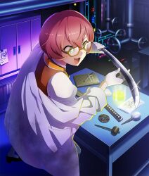  +_+ 1girl :3 :d beaker black_shoes bob_cut brown-framed_eyewear brown_vest cabinet chemicals coat dark_room diffraction_spikes double-parted_bangs game_cg glint gloves green_eyes hammer hexagonal_eyewear high_heels hilt holding holding_sword holding_weapon industrial_pipe katana lab_coat legs_apart looking_at_object note notepad official_art open_mouth osafune_girls_academy_school_uniform pen red_hair school_uniform shirt shoes short_hair single_off_shoulder smile socks solo sword table third-party_source toji_no_miko toji_no_miko:_kizamishi_issen_no_tomoshibi vest watanabe_emily weapon white_coat white_gloves white_shirt white_socks 