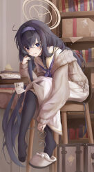  1girl absurdly_long_hair absurdres black_hair black_pantyhose blue_archive blue_eyes book bookshelf brown_cardigan cardigan chair commentary crossed_bangs dandandan668 feet full_body glasses hair_between_eyes hair_over_shoulder halo hand_up highres holding holding_removed_eyewear indoors leaning_forward light_blush long_hair long_skirt looking_at_viewer messy_hair neckerchief no_shoes on_chair open_mouth pantyhose purple_neckerchief round_eyewear sailor_collar school_uniform serafuku shirt shoe_dangle sidelocks sitting skirt sleeves_past_wrists slippers smile solo sweatdrop toes ui_(blue_archive) unworn_eyewear very_long_hair white_sailor_collar white_shirt white_skirt yellow_halo 