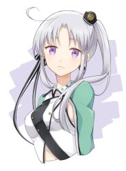  1girl :< ahoge akitsushima_(kancolle) armpit_cutout breasts closed_mouth clothing_cutout commentary cropped_torso earrings grey_hair hair_ribbon hat jacket jewelry kan'yu_(citron_82) kantai_collection long_hair long_sleeves looking_at_viewer medium_breasts mini_hat ribbon simple_background solo two-tone_background two_side_up upper_body violet_eyes 