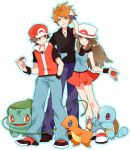  1girl 2boys baseball_cap blue_(pokemon) blue_eyes brown_eyes brown_hair bulbasaur charmander fangs fanny_pack fire gum_(gmng) hand_in_pocket hat jewelry long_hair looking_at_another looking_at_viewer loose_socks multiple_boys necklace ookido_green open_mouth orange_eyes orange_hair outline poke_ball pokemon pokemon_(creature) pokemon_(game) pokemon_frlg popped_collar red_(pokemon) red_eyes simple_background skirt smile smirk socks spiky_hair squirtle standing vines white_background wristband 