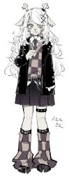  1girl 2525nicc adapted_costume animal_ear_piercing animal_ears animal_feet antlers belt black_belt black_jacket buck_teeth checkered_leg_warmers checkered_sweater_vest clenched_hands closed_mouth commentary_request deer_ears deltarune freckles full_body hair_ornament hairclip hand_up highres horns jacket leg_warmers limited_palette long_hair long_sleeves necktie noelle_holiday open_clothes open_jacket pleated_skirt reindeer_antlers reindeer_girl simple_background skirt solo standing straight-on teeth thigh_belt thigh_strap utdr_(toby_fox) white_background wing_collar x_hair_ornament 