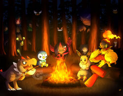  ._. armarouge armor artist_name black_sclera bright_pupils campfire closed_mouth colored_sclera commentary crossed_arms crossed_legs ditto dwebble eevee english_commentary espurr fangs fire flaming_eye flashlight floating food forest gastly gengar glowing glowing_eyes grass grin hair_over_one_eye haunter highres holding holding_flashlight holding_stick log long_nose marshmallow morgrem nature night one-eyed open_mouth outdoors patrat piplup pointy_nose pokemon pokemon_(creature) pokemon_focus rayman_limbs red_eyes roasted_marshmallow signature sitting smile stick teeth thecalendork transformed_ditto tree trevenant tyrunt umbreon v-shaped_eyes watermark white_pupils 