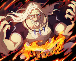  1boy abs absurdres arm_hair beard black_clover black_clover_m:_rise_of_the_wizard_king blonde_hair book chest_hair chromatic_aberration facial_hair grimoire highres jewelry long_hair looking_at_viewer male_focus muscular muscular_male necklace non-web_source official_art open_book open_mouth sharp_teeth solo teeth upper_body vetto_(black_clover) 