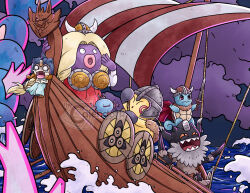  1girl aegislash alternate_hairstyle aqua_dress armor artist_name blonde_hair braid breastplate brown_eyes brown_helmet cape claws closed_eyes closed_mouth clothed_pokemon clouds coin colored_skin commentary crying crying_with_eyes_open dress english_commentary fake_horns fangs figurehead_(boat) gold grey_helmet gyarados hair_intakes helmet holding holding_rope holding_sword holding_weapon horned_helmet horns jynx koban_(gold) long_hair makuhita meowth o_o open_mouth outdoors perrserker pink_lips pokemon pokemon_(creature) pokemon_focus purple_skin red_cape red_dress rope scared sharp_teeth ship sky smile squirtle sword tears teeth thecalendork water watercraft watermark waves weapon wooper zamazenta zamazenta_(crowned) 