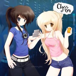  2girls artist_name beer blonde_hair blue_shirt brown_hair class_of_09 copyright_name cowboy_shot cup drinking_glass holding holding_drinking_glass jecka_(class_of_09) jelly_(bonnybel) long_hair nicole_(class_of_09) pink_shirt ponytail short_sleeves shorts sleeveless sleeveless_shirt strap tagme 
