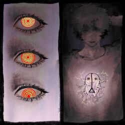  1boy arm_up black_border border chainsaw_man close-up commentary_request denji_(chainsaw_man) eyelashes hand_in_own_hair highres idmiydoa makima_(chainsaw_man) pochita_(chainsaw_man) pull_cord ringed_eyes sharp_teeth shirt short_hair teeth upper_body white_shirt yellow_eyes 