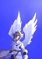  1boy blue_background brown_hair closed_eyes commentary feathered_wings highres kid_icarus male_focus pit_(kid_icarus) pito0028 short_hair signature solo white_wings wings 