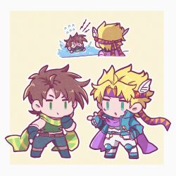  2boys battle_tendency belt blonde_hair border brown_hair caesar_anthonio_zeppeli chibi chibi_only crop_top facial_mark fingerless_gloves flying_sweatdrops full_body gloves green_eyes hamon_mask hand_on_own_cheek hand_on_own_face hand_on_own_hip headband highres jacket jojo_no_kimyou_na_bouken joseph_joestar joseph_joestar_(young) kasasagi_(hinagi) knee_pads long_sleeves male_focus mask mouth_mask multiple_boys outline outside_border pants scarf shirt short_hair sleeveless sleeveless_shirt striped_clothes striped_scarf triangle triangle_facial_mark water white_border yellow_background 