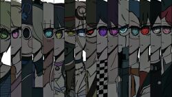  6+boys 6+girls ahoge akamatsu_kaede amami_rantaro barbed_wire bell black_eyes black_hair black_hat black_jacket black_sailor_collar blonde_hair blush_stickers brown_eyes brown_hair chabashira_tenko checkered_neckerchief choker collared_shirt danganronpa_(series) danganronpa_v3:_killing_harmony dark-skinned_female dark_skin goggles goggles_on_head gokuhara_gonta green_eyes green_hair green_hat green_jacket grey_eyes grey_shirt hair_over_one_eye harukawa_maki hat hoshi_ryoma iruma_miu jacket jewelry k1-b0 mask mole mole_under_mouth momota_kaito mouth_mask multiple_boys multiple_girls neck_bell neck_ribbon neckerchief necklace necktie oma_kokichi orange_necktie orange_ribbon pink_choker pink_eyes pink_shirt pink_vest purple_necktie red_eyes red_hair red_shirt ribbon round_eyewear saihara_shuichi sailor_collar shinguji_korekiyo shirogane_tsumugi shirt shiyo_umami short_hair smile spiky_hair striped_clothes striped_jacket striped_shirt tojo_kirumi two-tone_shirt vest violet_eyes white_hair white_sailor_collar white_shirt yonaga_angie yumeno_himiko 
