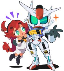  1girl 1other ahoge arm_around_shoulder asticassia_school_uniform black_boots black_hairband blush boots chibi chibi_only full_body gashi-gashi gold_necklace green_eyes gundam gundam_aerial gundam_suisei_no_majo hairband highres jacket jewelry low_ponytail mecha multi-tied_hair necklace parted_lips ponytail robot school_uniform shorts smile sparkle suletta_mercury thick_eyebrows white_background white_jacket white_shorts 