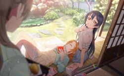  3girls barefoot blue_hair blue_skirt blurry blurry_foreground book closed_eyes closed_mouth day finger_to_mouth from_inside game_cg green_shirt highres holding holding_book knees_up kosaka_honoka light_rays lips long_hair looking_at_viewer love_live! love_live!_school_idol_festival_2 love_live!_school_idol_project lying minami_kotori multiple_girls official_art on_back open_book orange_hair outdoors shirt short_sleeves skirt sleeping sonoda_umi third-party_source white_shirt yellow_eyes yellow_skirt 