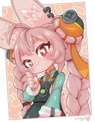  1girl :3 ahoge animal_ear_fluff animal_ear_piercing animal_ears animal_hands black_dress blue_shirt blush braid closed_mouth commentary_request doneru dress furry furry_female hair_ornament highres long_hair looking_at_viewer partial_commentary pinafore_dress pink_hair rabbit_ears red_eyes shirt sleeveless sleeveless_dress solo sphere_hair_ornament thick_eyebrows twin_braids zenless_zone_zero zhao_(zenless_zone_zero) 
