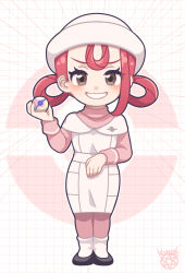  1girl blush breasts brown_eyes chibi chibi_only commentary_request dress hair_rings hat heal_ball highres holding holding_poke_ball joy_(pokemon) kozushi623 long_hair long_sleeves looking_at_viewer nurse nurse_cap open_mouth pantyhose pink_dress pink_hair pink_pantyhose poke_ball pokemon pokemon_legends:_z-a shoes smile socks white_dress white_socks 