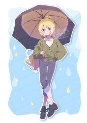  1girl black_shoes blonde_hair blue_background blue_pants blush border brown_umbrella commentary_request dot_nose full_body green_jacket hair_between_eyes hand_in_pocket highres holding holding_umbrella jacket long_hair long_sleeves looking_at_viewer magia_record:_mahou_shoujo_madoka_magica_gaiden mahou_shoujo_madoka_magica outline outside_border pants parted_lips ponytail rain red_eyes serizawa_serizane shoes solo standing togame_momoko umbrella watermark white_border white_outline 