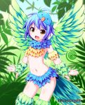  1girl 2013 animal_hat armlet art_jam bird_tail blue_hair bracelet brown_eyes character_request feathers harem_gain hat highres jewelry looking_at_viewer midriff navel open_mouth short_hair smile solo tail watermark wings 