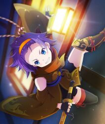  1girl asymmetrical_legwear bangs_pinned_back bare_shoulders black_gloves black_socks black_thighhighs blue_eyes blue_sash brown_kimono brown_sleeves detached_sleeves dot_nose fingerless_gloves game_cg gloves grin hairband holding holding_sword holding_weapon japanese_clothes katana kimono kneehighs looking_to_the_side maruyama_akane ninja obi official_art on_wall orange_hairband outstretched_arm purple_hair rope sash shimenawa shin_guards short_hair sideways_glance single_kneehigh single_sock single_thighhigh sleeveless sleeveless_kimono smile socks solo sword thigh-highs third-party_source toji_no_miko toji_no_miko:_kizamishi_issen_no_tomoshibi v-shaped_eyebrows weapon wide_sleeves 