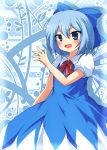  1girl arm_up blue_eyes blue_hair bow cirno dress hair_bow leaf leaf_background looking_at_viewer open_hand open_mouth ribbon shadow short_hair short_sleeves solo star striped striped_background takojiru touhou wings 