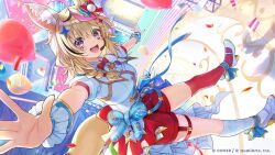  1girl :d absurdres ahoge animal_ear_fluff animal_ears asymmetrical_legwear balloon black_streaks blonde_hair bow bowtie braid commentary_request concert confetti corset double-parted_bangs fox_ears fox_girl fox_tail hair_between_eyes hair_bow hair_ornament hair_over_shoulder headset high_heels highres hololive hololive_dreams kneehighs long_hair looking_at_viewer mismatched_legwear official_alternate_costume official_art omaru_polka open_mouth outstretched_arms over-kneehighs pink_streaks pom_pom_(clothes) pom_pom_hair_ornament puffy_short_sleeves puffy_sleeves red_bow red_bowtie red_shorts red_thighhighs shirt shoes short_shorts short_sleeves shorts side_braid single_braid single_kneehigh single_over-kneehigh single_sock single_thighhigh smile socks solo tail teeth thigh-highs thigh_strap traditional_bowtie uneven_legwear upper_teeth_only violet_eyes virtual_youtuber white_corset white_shirt white_shoes white_socks wrist_cuffs 