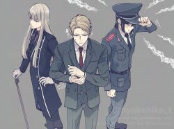  3boys adjusting_clothes adjusting_headwear black_coat black_hair black_hat black_jacket black_necktie black_pants blonde_hair blue_eyes blunt_bangs cane clenched_hand clenched_teeth coat collared_shirt commentary_request dated from_above frown furrowed_brow gloves green_jacket green_pants green_suit green_vest grey_background hair_between_eyes hand_on_own_hip hat hemlock_(spy_x_family) highres holding holding_cane jacket long_coat long_hair looking_at_another male_focus military_hat military_jacket military_uniform mole mole_under_eye mole_under_mouth multiple_boys necktie pants parted_bangs red_necktie red_shirt shirt short_hair spy_x_family suit suit_jacket sweatdrop takehide teeth twilight_(spy_x_family) twitter_username vest waistcoat white_gloves white_shirt yuri_briar 