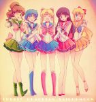  5girls ;d aino_minako bishoujo_senshi_sailor_moon black_hair blonde_hair blue_eyes blue_hair boots bow brooch brown_hair choker clenched_hand closed_eyes double_bun elbow_gloves gloves green_eyes hair_bobbles hair_bow hair_ornament half_updo happy hino_rei holding_hands jewelry kino_makoto knee_boots long_hair magical_girl mizuno_ami multiple_girls open_mouth ponytail ribbon sailor_collar sailor_jupiter sailor_mars sailor_mercury sailor_moon sailor_moon_musical sailor_venus saki_(hxaxcxk) sepia_background shoes short_hair skirt smile tiara tsukino_usagi twintails v violet_eyes white_gloves wink 