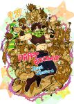  6+boys alternate_costume artificial_arm birthday boots brown_hair character_name dress fingerless_gloves gloves green_eyes happy_birthday hat headband highres jojo_no_kimyou_na_bouken joseph_joestar_(young) mask midriff multiple_boys multiple_persona sakaikurinea scarf v 