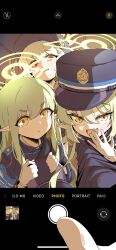  3girls absurdres aoba_(blue_archive) armband black_hat black_jacket blonde_hair blue_archive blue_armband blunt_bangs cellphone covering_own_mouth fang furrowed_brow gloves green_hair green_halo hair_between_eyes halo hand_over_own_mouth hat highres hikari_(blue_archive) holding holding_phone holding_unworn_clothes holding_unworn_hat iphone jacket long_hair looking_up mesugaki multiple_girls nozomi_(blue_archive) open_mouth phone pointy_ears raised_eyebrows red_eyes selfie skin_fang smartphone sparyedhamster sprayed_hamster sweatdrop train_conductor unworn_hat unworn_headwear white_gloves yellow_eyes 