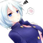  1girl blue_eyes blush breasts buttons character_request highres no_bra pout rip-off_(manga) shirt shirt_only short_hair simple_background solo spoken_blush squiggle watarui white_background white_hair 