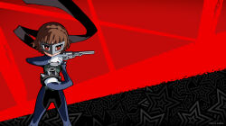  1girl atlus black_background black_bodysuit black_scarf blue_bodysuit bodysuit boots braid breasts brown_hair closed_mouth commentary company_name copyright_name cross-laced_clothes crown_braid domino_mask english_commentary eye_mask gloves gun highres holding holding_gun holding_weapon knee_boots legs_apart looking_at_viewer mask niijima_makoto official_art oribe_hanako parted_bangs persona persona_5 persona_5_tactica queen_(persona_5) red_background red_eyes revolver scarf second-party_source short_hair shoulder_spikes solo spiked_knuckles spikes standing star_(symbol) star_symbol_background weapon 