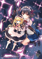  2girls arikawa_satoru black_hair blonde_hair blue_eyes brown_eyes commentary_request doll doll_joints dress dual_wielding explosive expressionless full_body grenade hairband highres holding joints kalashnikov_rifle lolita_hairband long_hair looking_at_viewer mansion multiple_girls night official_art shinonome_matoi short_hair skirt smile sonne_(z/x) z/x z/x_code_reunion 