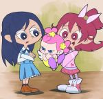  3girls :d ai-chan_(dokidoki!_precure) aida_mana baby blue_eyes blue_hair crossed_arms dokidoki!_precure half_updo hishikawa_rikka long_hair masaru-san multiple_girls open_mouth pink_eyes pink_hair precure short_hair smile standing 