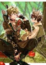  2boys aged_down aki_no_mori_(ensemble_stars!) animal_ears apple arcadian_(ensemble_stars!) arrow_(projectile) black_gloves boots brown_eyes brown_hair child closed_mouth collared_shirt commentary_request deer_boy deer_ears deer_tail earrings ensemble_stars! extra_ears fingerless_gloves fingernails food fruit fur_trim gloves green_eyes hand_up highres hoop_earrings indian_style jewelry leaf leaf_on_head long_sleeves looking_at_another male_focus morisawa_chiaki multiple_boys official_alternate_costume one_eye_closed pants parted_lips rabbit rubbing_eyes shirt short_hair sitting tail takamine_midori takeda_(mdca4649) tree twitter_username watermark zipper_pull_tab 