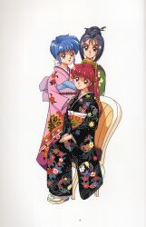  1990s_(style) 3girls black_eyes black_hair black_kimono blue_eyes blue_hair chair floral_print fujisaki_shiori furisode green_kimono highres japanese_clothes katagiri_ayako kimono long_hair long_sleeves looking_at_viewer multiple_girls nijino_saki non-web_source obi obijime official_art on_chair open_mouth own_hands_together page_number pink_kimono red_eyes red_hair retro_artstyle sandals sash short_hair simple_background sitting smile tabi tokimeki_memorial updo white_background wide_sleeves 