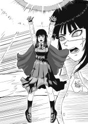  1girl arms_up breasts cape chainsaw_man commentary_request cross_scar dragon_ball dragon_ball_z dress energy_ball fourth_east_high_school_uniform genki_dama highres k.rikina medium_breasts open_mouth parody pinafore_dress pleated_dress ringed_eyes scar scar_on_cheek scar_on_face school_uniform shoes sleeveless sleeveless_dress socks solo yoru_(chainsaw_man) 