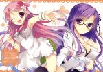  2girls ;d absurdres blush breasts cleavage fantasista_doll flower glasses hair_flower hair_ornament hand_on_own_chest highres long_hair loose_socks madeleine_(fantasista_doll) multiple_girls open_mouth outstretched_arm outstretched_hand pink_eyes pink_hair purple_hair sailor_dress scan shimeji_(fantasista_doll) shoes shorts smile sneakers socks very_long_hair violet_eyes wink yukie_(peach_candy) 