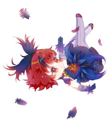  1girl :o absurdres arm_warmers bad_link black_bow black_collar blue_dress blue_gloves blue_skirt bow chibi chinese_commentary coal_chimera_(shining_nikki) collar commentary_request detached_collar dress falling feather-trimmed_dress feather-trimmed_gloves feather_bow feather_collar feathers frilled_arm_warmers gloves grey_pantyhose hair_bow highres large_bow light_blush looking_up messy_hair miniskirt multicolored_hair nikki_(series) open_mouth orange_eyes pantyhose pleated_skirt purple_arm_warmers red_hair red_shoes shenqi_tuoxie_zai_nali shining_nikki shoes short_dress short_hair simple_background skirt skirt_under_dress solo strapless strapless_dress streaked_hair surprised tareme white_background 