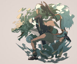  1boy black_shirt black_shoes blonde_hair blue_eyes brown_pants calligraphy_brush collared_shirt commentary forehead_protector full_body grey_background holding holding_calligraphy_brush holding_paintbrush male_focus naruto_(classic) naruto_(series) paintbrush pants pocket shirt shoes shuriken solo uzumaki_naruto weapon yukitake_(bullfalk) 