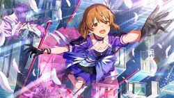  1girl black_gloves brown_eyes brown_hair city commentary_request dress game_cg gloves hagiwara_yukiho hair_ornament idolmaster idolmaster_(classic) idolmaster_million_live! idolmaster_million_live!_theater_days luxury_(idolmaster) million_dreams_(idolmaster) official_alternate_costume official_art open_mouth puffy_short_sleeves puffy_sleeves purple_dress short_hair short_sleeves smile solo third-party_source unworn_clothes 