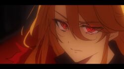  1girl black_coat blonde_hair character_request check_character coat commentary_request don_quixote_(project_moon) feather_boa glowing glowing_eyes hair_between_eyes la_manchaland_(identity)_(project_moon) letterboxed limbus_company long_hair looking_at_viewer official_alternate_costume project_moon red_eyes sidelocks sixgod solo 