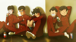  5boys afro arms_behind_head black_hair blunt_bangs can closed_eyes commentary_request crossed_arms daima_jin drink_can gakuran grin high_school!_kimengumi ichidou_rei indoors male_focus monohoshi_dai multiple_boys nika_(nikasa_an) reietsu_gou school_uniform shoes shusse_kiyoshi sitting smile soda_can thick_eyebrows uwabaki white_shoes 
