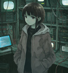  1girl asymmetrical_hair black_shirt brown_eyes brown_hair cable closed_mouth commentary_request computer crt expressionless hair_ornament hands_in_pockets highres hood hoodie indoors iwakura_lain kensight328 looking_at_viewer monitor open_clothes open_hoodie pink_hoodie serial_experiments_lain shirt short_hair single_sidelock solo upper_body x_hair_ornament 