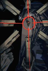  6+boys at_gunpoint black_gloves black_jacket call_of_duty combat_helmet dark_background gloves gun handgun helmet highres jacket konig_(call_of_duty) ktsnartemis looking_at_viewer male_focus masked multiple_boys multiple_weapons overlighting red_eyes solo_focus surrounded_by_guns target upper_body weapon 