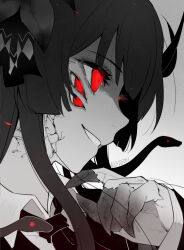  1girl claws commentary_request cracked_skin dark_persona extra_eyes from_side glowing glowing_eyes hand_on_own_chin kotetsu_080 long_hair mahou_shoujo_no_majo_saiban nikaido_hiro parted_lips portrait profile red_eyes smile snake_hair solo spoilers spot_color witch_(manosaba) 