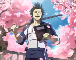  1boy absurdres black_clover black_clover_m:_rise_of_the_wizard_king black_hair blue_jacket blue_pants blue_sky cherry_blossoms clipboard day highres holding holding_clipboard holding_sword holding_weapon jacket looking_at_viewer male_focus multicolored_jacket non-web_source official_alternate_costume official_art open_clothes open_jacket open_mouth pants petals pink_petals shirt short_hair sky solo sword teeth two-tone_jacket upper_teeth_only weapon whistle whistle_around_neck white_jacket white_shirt wooden_sword yami_sukehiro 