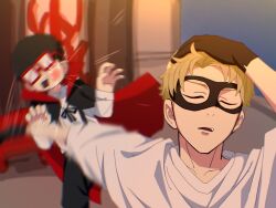  2boys adjusting_hair afterimage black_hair blonde_hair closed_eyes commentary_request franky_franklin glasses hair_slicked_back hand_in_own_hair hand_on_own_head highres hitting mameinko1270624 meme multiple_boys naoya_hitting_choso_without_looking_(meme) parody punching rapid_punches scene_reference spy_x_family twilight_(spy_x_family) 
